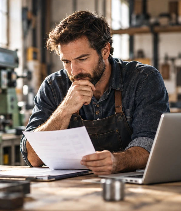 Illustrative business owner reviewing paperwork in a workshop